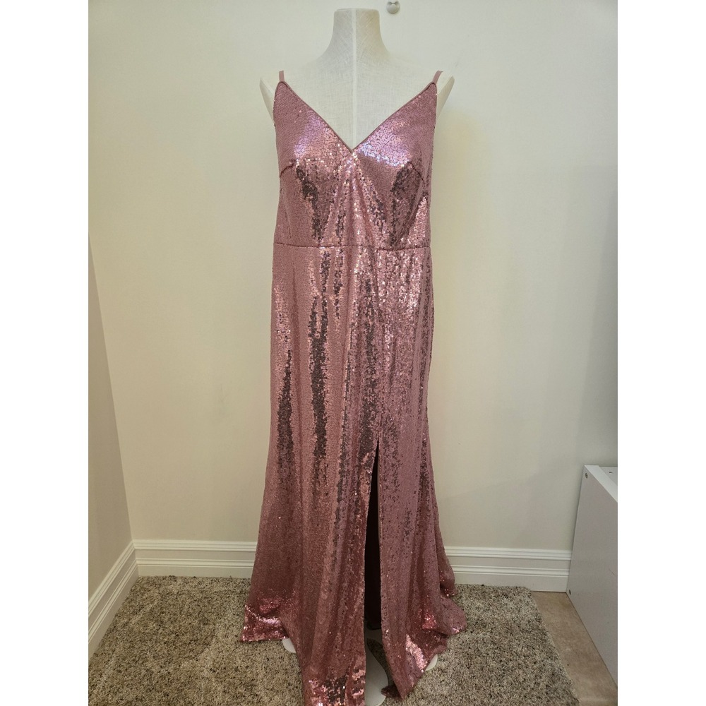 Azazie A16 Rose Gold Pink Sequin Bridesmaid Formal Gown Maxi Dress Slit